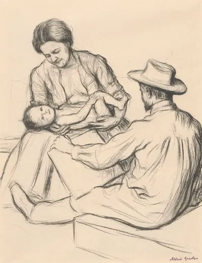 Maler zeichnen eine Frau mit einem kleinen Kind by Альфред Гратцер, 1910 — digital art print download