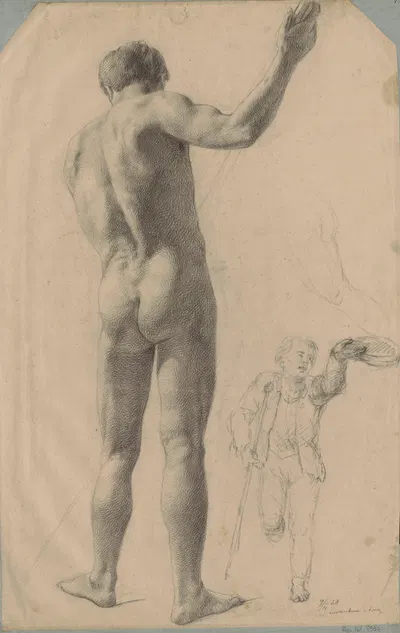 Akt męski stojący tyłem, studium oraz szkic chłopca o kuli, z tacą by Ignacy Jasiński, 1858 — digital art print download