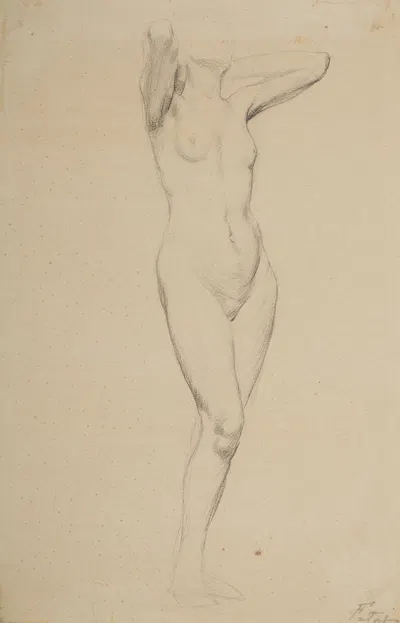 Nude of a standing woman with her arms clasped behind her head by Julian Falat, 1900-1906 — digital art print download
