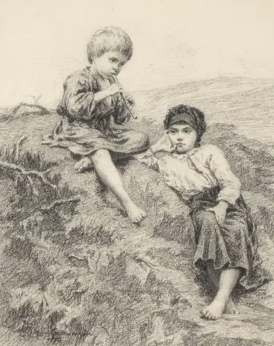 Country Children. Drawing for the Painting 'The Idyll' by Maria Klass-Kazanowska, 1882 — digital art print download