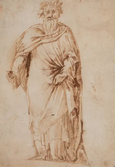Study of a robed man holding a torch by Girolamo Da Carpi — digital art print download