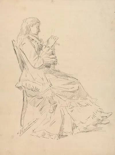 Femme assise sur une chaise, tricotant, de profil – croquis by Жан-Франсуа Таелеманс — digital art print download