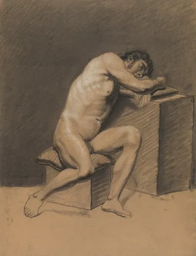 Seated male nude, leaning on a block by Albert Voituron — digital art print download