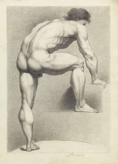 Standing male nude, right foot and arm resting on a block by Albert Voituron, 1797 — digital art print download