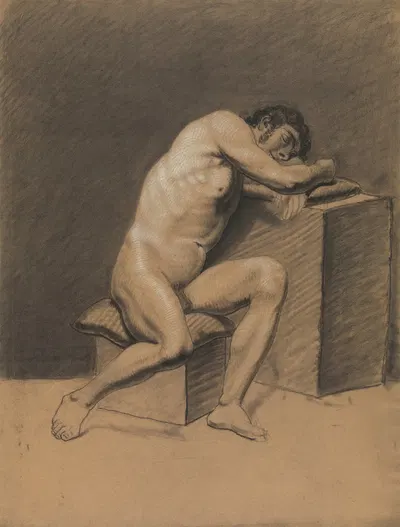 Zittend mannelijk naakt, leunend op een blok by Albert Voituron, 1797 — digital art print download