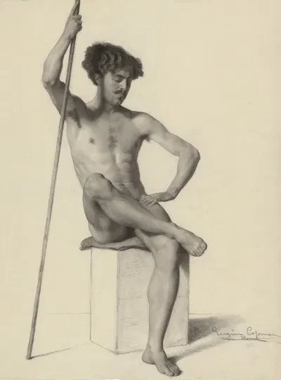 Seated male nude by Eugène Jean Copman, 1864 — digital art print download