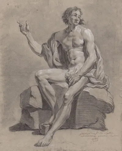 Academic life drawing study: seated nude male by Жан-Франсуа Легийон, 1763 — digital art print download