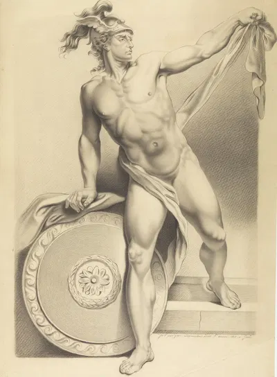 Mythological figure with shield and winged helmet. by Jean Laurensius, 1827 — digital art print download