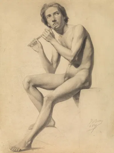 Seated male nude by Жюль Брета, 1847 — digital art print download