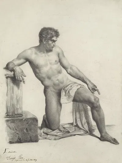 Kneeling male nude by Pièrre Denis, 1839 — digital art print download