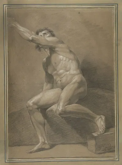 Academic life drawing study: seated male nude by Pieter Goddyn, 1779 — digital art print download