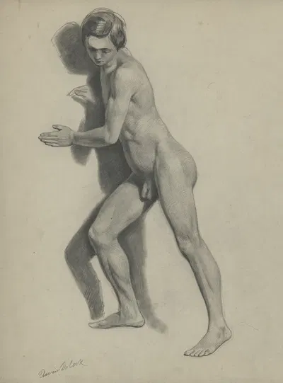 Academic nude of a standing man leaning against a wall. by Ксавье де Кок — digital art print download