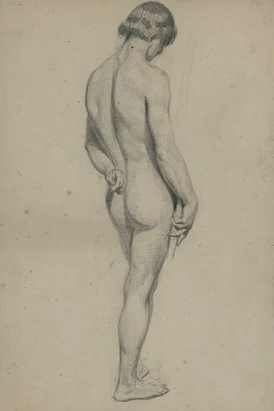 Academic nude of a standing man with a long staff by Ксавье де Кок — digital art print download