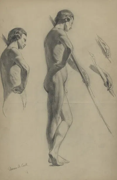 Academic nude of a standing man with a long stick by Ксавье де Кок — digital art print download