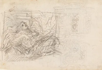 Female Figure Reclining (Allegory of Fame Vanquished by Time), Architectural Studies by Baldassare Franceschini — digital…