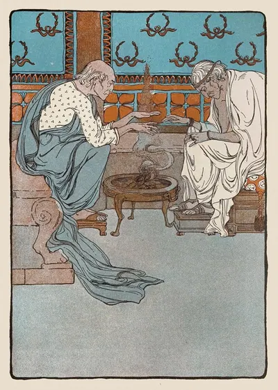 Руки двух стариков дрожали вместе, когда они пытались согреться перед огнем by Мод Хант Скуайр, 1901 — digital art print…