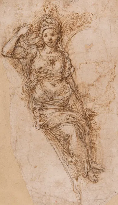 Female Figure in a Spandrel, Study for the Allegory of Modesty by Bernardino Poccetti — digital art print download