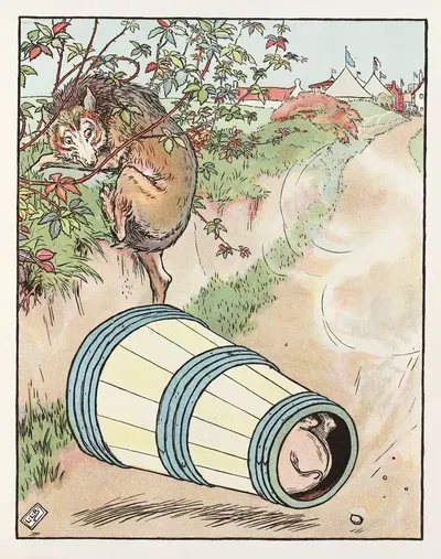 Pig rolls down the hill in a barrel by Leonard Leslie Brooke, 1904 — digital art print download