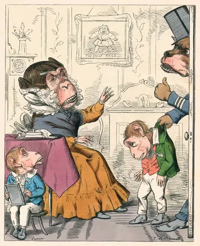 Обезьяна и ее двое детенышей by Чарльз Генри Беннет, 1857 — digital art print download
