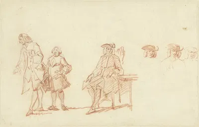 Studieblad met twee staande mannen en een zittende man, wiens hoofd driemaal herhaald is by Корнелис Трост, 1706-1750 —…
