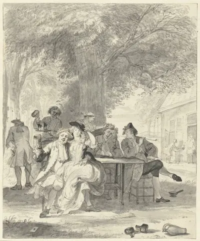 Uitgelaten gezelschap onder een boom voor een herberg by Корнелис Трост, 1740-1745 — digital art print download
