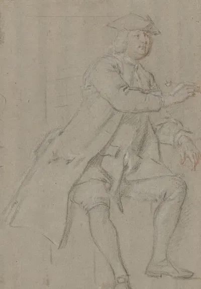 Zittende man in lange jas met pijp in de hand, naar rechts by Корнелис Трост, 1706-1750 — digital art print download