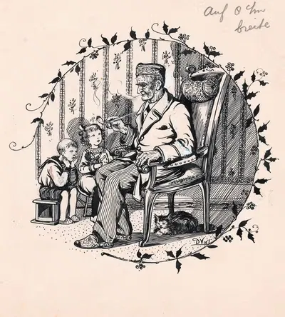 Курящий мужчина и двое детей by Д. Виль, 1924 — digital art print download