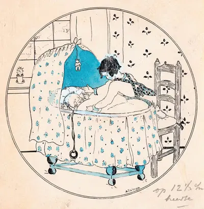 Девочка хочет поднять ребенка из колыбели by А. Тинберген, 1925 — digital art print download
