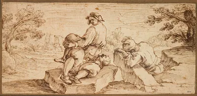 Three Figures Resting in a Landscape by Ercole Bazzicaluva — digital art print download