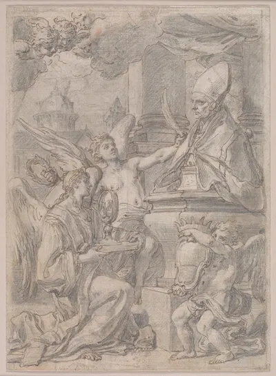 Drawing for a Frontispiece, Bust of Saint Gennaro Adored by Angels by Франческо Солимена — digital art print download