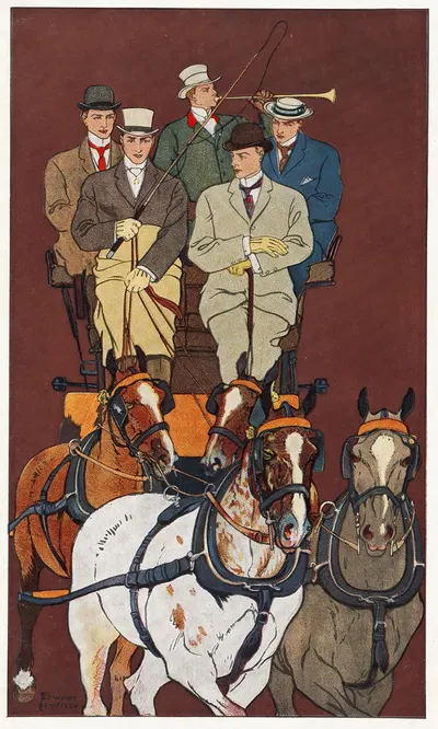 Five men riding in a carriage drawn by four horses by Edward Penfield — digital art print download