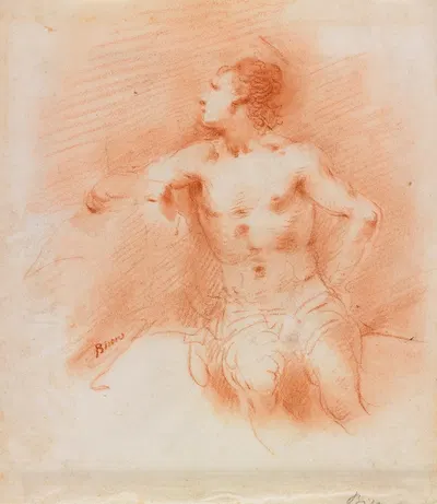 Study of a Young Male Nude Seated by Джузеппе Бернардино Бизон — digital art print download