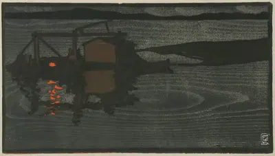 Плот из бревен на озере ночью by Эрик О. В. Эхрстром, 1909 — digital art print download