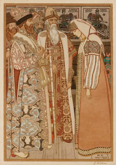 Жена стрелка перед царем и его свитой by Иван Билибин, 1919-1925 — digital art print download