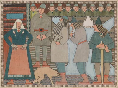 Вяйнямёйнен, Илмаринен и Лемминкяйнен прибывают в Похьёлу by Иосиф Аланен — digital art print download