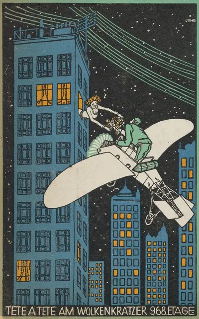 Tête á Tête on the 968th Floor of a Skyscraper (Tête á Tête am Wolkenkratzer 968 Etage) by Мориц Юнг, 1911 — digital art…