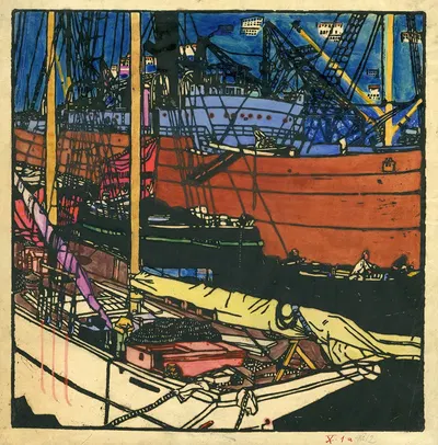 Цветной древесный гравюра Гавань Триеста by Рудольф Кальвах, 1907 — digital art print download