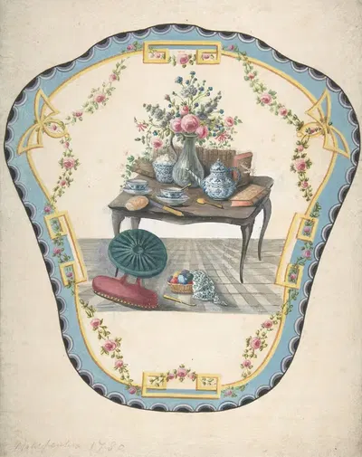 Design for a Firescreen with a Table with a Vase of Flowers, Books, and Teapot by Eugène Charpentier — digital art print…