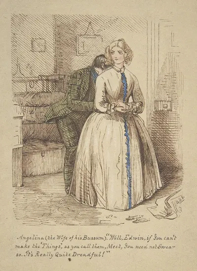 Design for 'Hooking and Eyeing,' a wood engraving published in 'Punch' by John Leech, 1851 — digital art print download