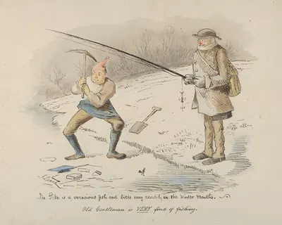 The Pike is a voracious fish and bites readily in the Winter months–Old Gentleman is VERY fond of fishing by John Leech —…
