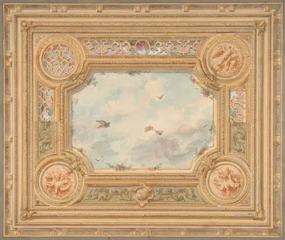 Design for a ceiling with four medallions and sky motif in center by Jules-Edmond-Charles Lachaise — digital art print…
