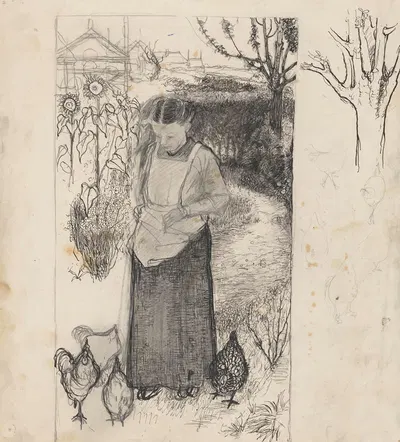 Annie Mankes-Zernike, kippen voerend rechts studies van een boom en van kippen by Jan Mankes, 1900-1920 — digital art print…