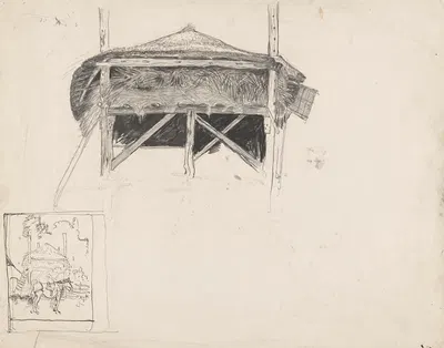 Studie van een hooiberg, links onderaan een schets van een paard voor een hooiberg by Ян Манкес, 1900-1920 — digital art…