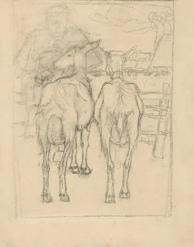 Twee geiten van achteren gezien en een boer bij een hek by Ян Манкес, 1900-1920 — digital art print download