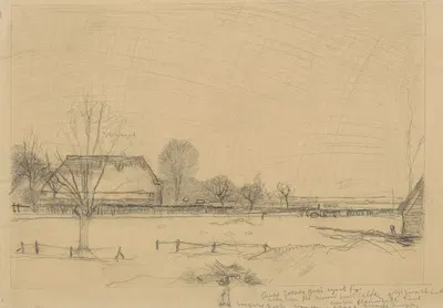 Winterlandschap te Eerbeek, links een knotwilg en een boerderij, rechts een paard en wagen en een hutje by Jan Mankes,…