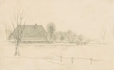 Winterlandschap te Eerbeek, links een knotwilg en een boerderij, rechts een paard en wagen by Ян Манкес, 1900-1920 —…
