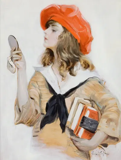 Девушка в красном берете, смотрящая в компактное зеркало by Поль Стахр, 1921 — digital art print download