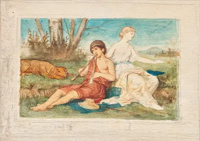 Мальчик с двойной флейтой и музой by Франц фон Матч, 1884-1885 — digital art print download