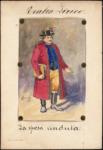 A man stands in three-quarter profile holding a book with his hand outstretched by W. Fasienski, 1905 — digital art print…