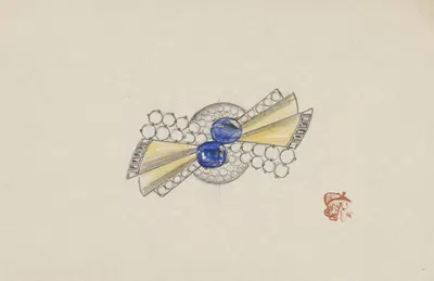 Ontwerp voor een rond juweel met stralen, met goud, saffieren en briljanten by Jules Chadel — digital art print download